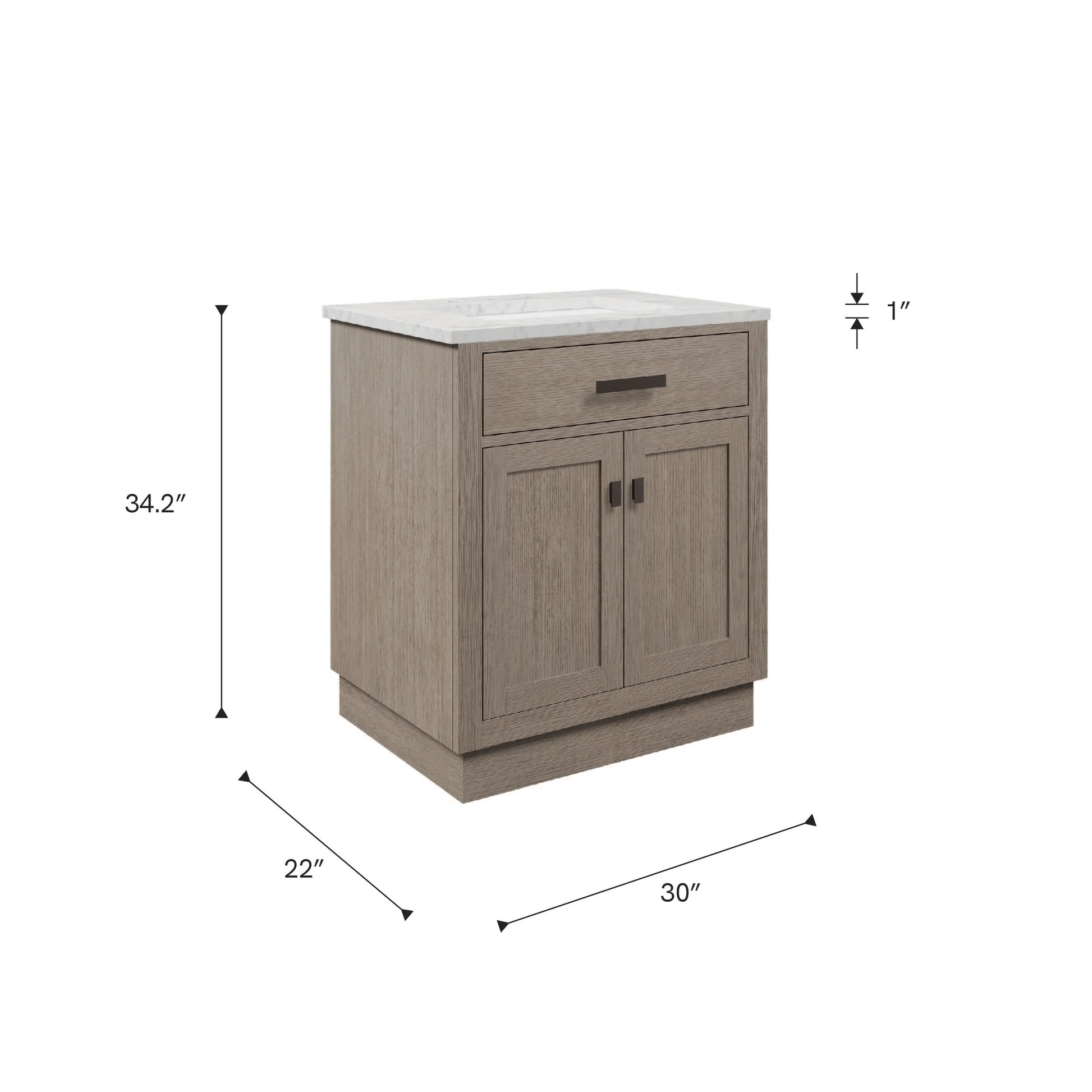 Chestnut 30 in. W x 21.5 in. D Vanity in Grey Oak with Marble Vanity Top in White with White Basin | Water Creation