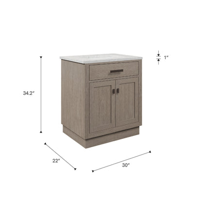 Chestnut 30 in. W x 21.5 in. D Vanity in Grey Oak with Marble Vanity Top in White with White Basin | Water Creation