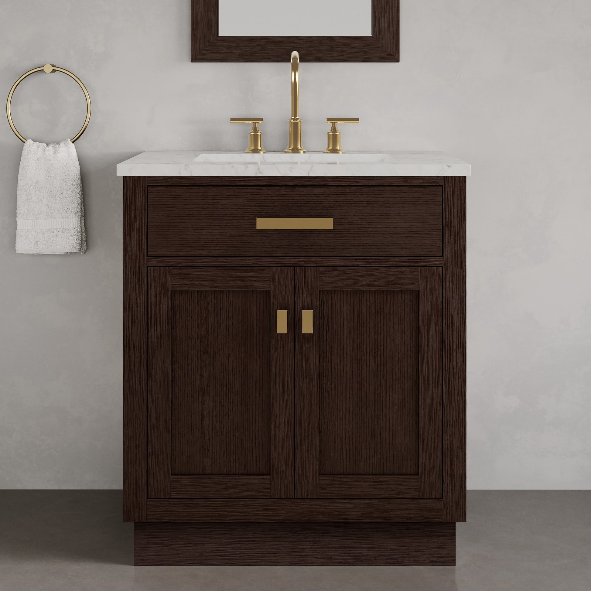 Chestnut 30 in. W x 21.5 in. D Vanity in Brown Oak with Marble Vanity Top in White with White Basin | Water Creation