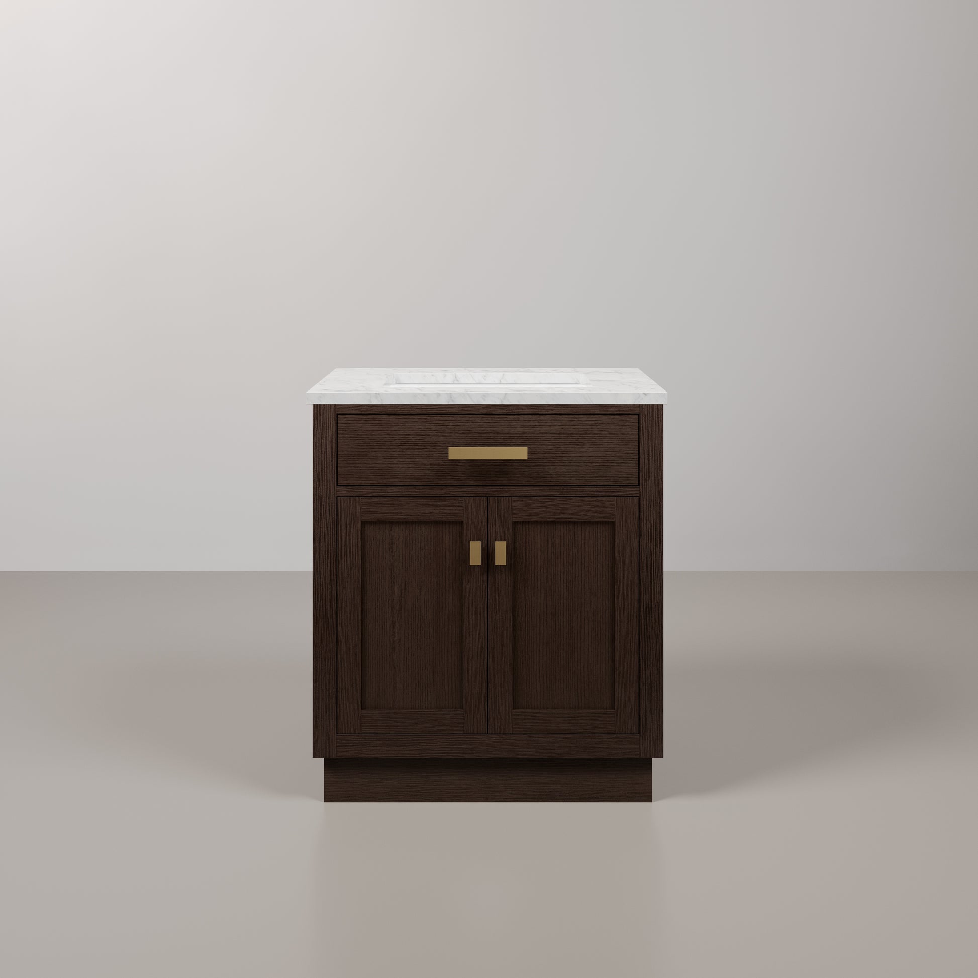 Chestnut 30 in. W x 21.5 in. D Vanity in Brown Oak with Marble Vanity Top in White with White Basin | Water Creation