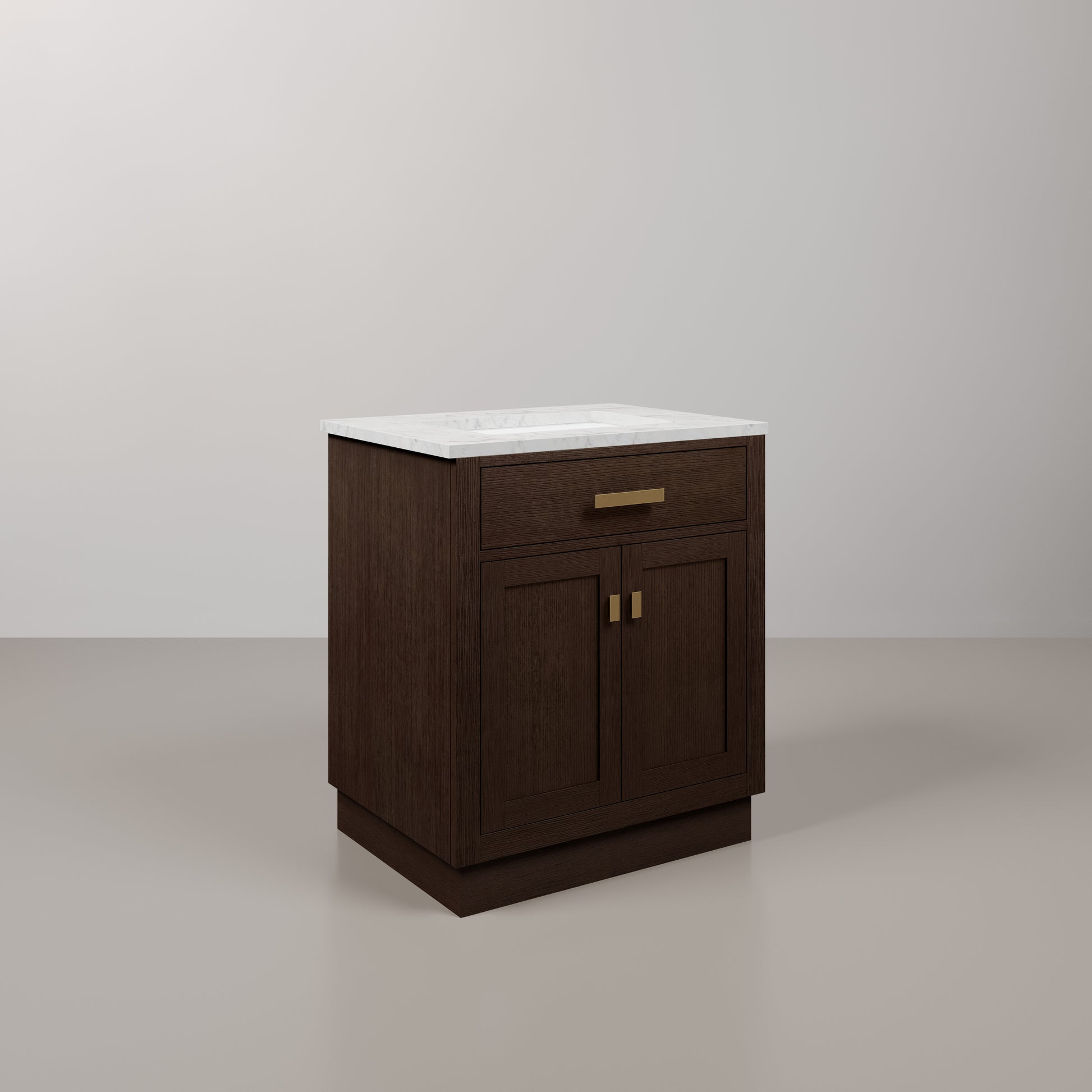 Chestnut 30 in. W x 21.5 in. D Vanity in Brown Oak with Marble Vanity Top in White with White Basin | Water Creation