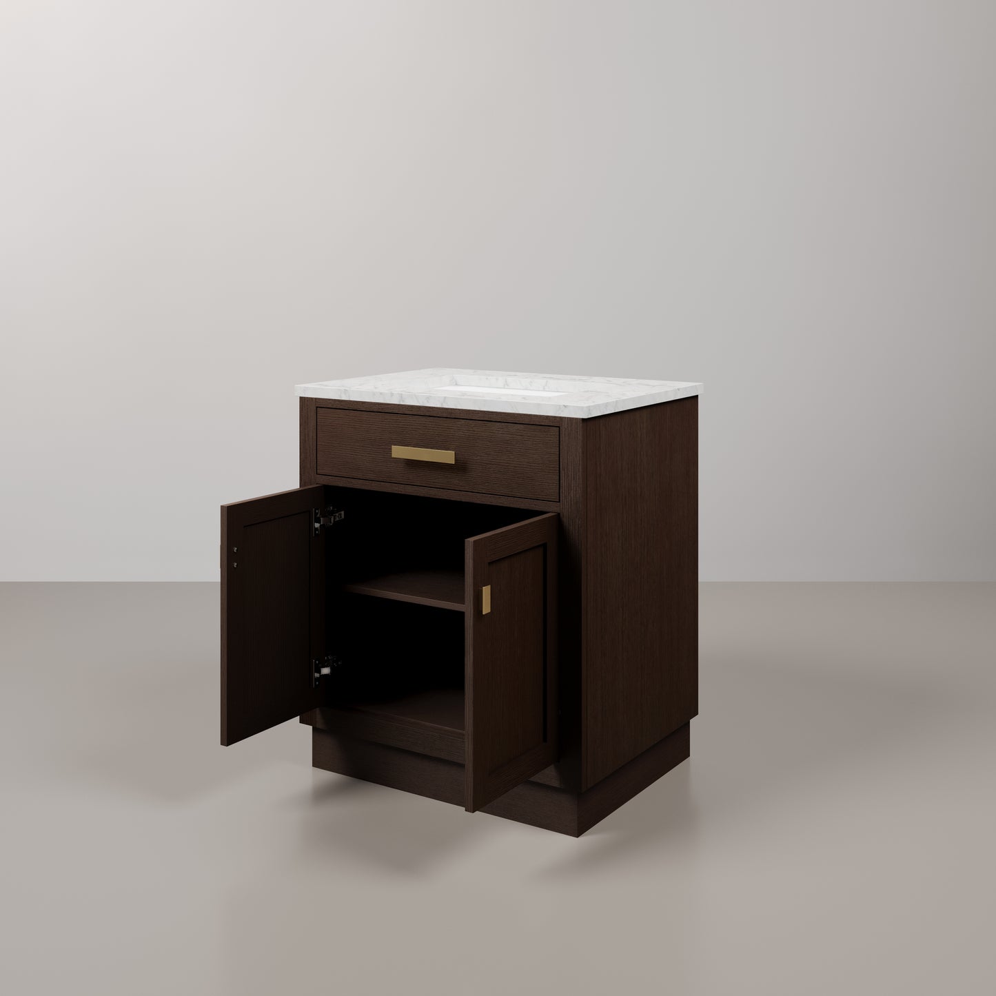 Chestnut 30 in. W x 21.5 in. D Vanity in Brown Oak with Marble Vanity Top in White with White Basin | Water Creation