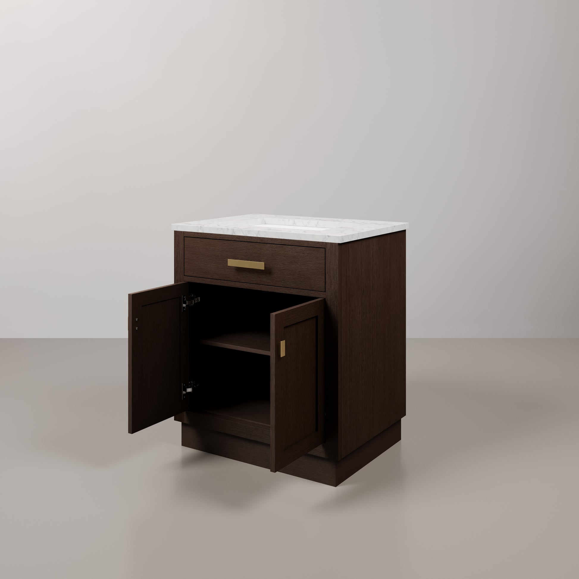 Chestnut 30 in. W x 21.5 in. D Vanity in Brown Oak with Marble Vanity Top in White with White Basin | Water Creation