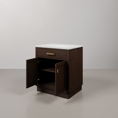Chestnut 30 in. W x 21.5 in. D Vanity in Brown Oak with Marble Vanity Top in White with White Basin | Water Creation