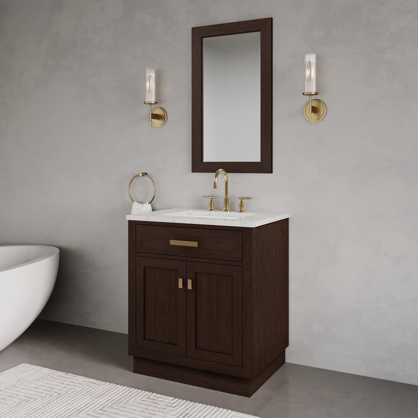 Chestnut 30 in. W x 21.5 in. D Vanity in Brown Oak with Marble Vanity Top in White with White Basin | Water Creation
