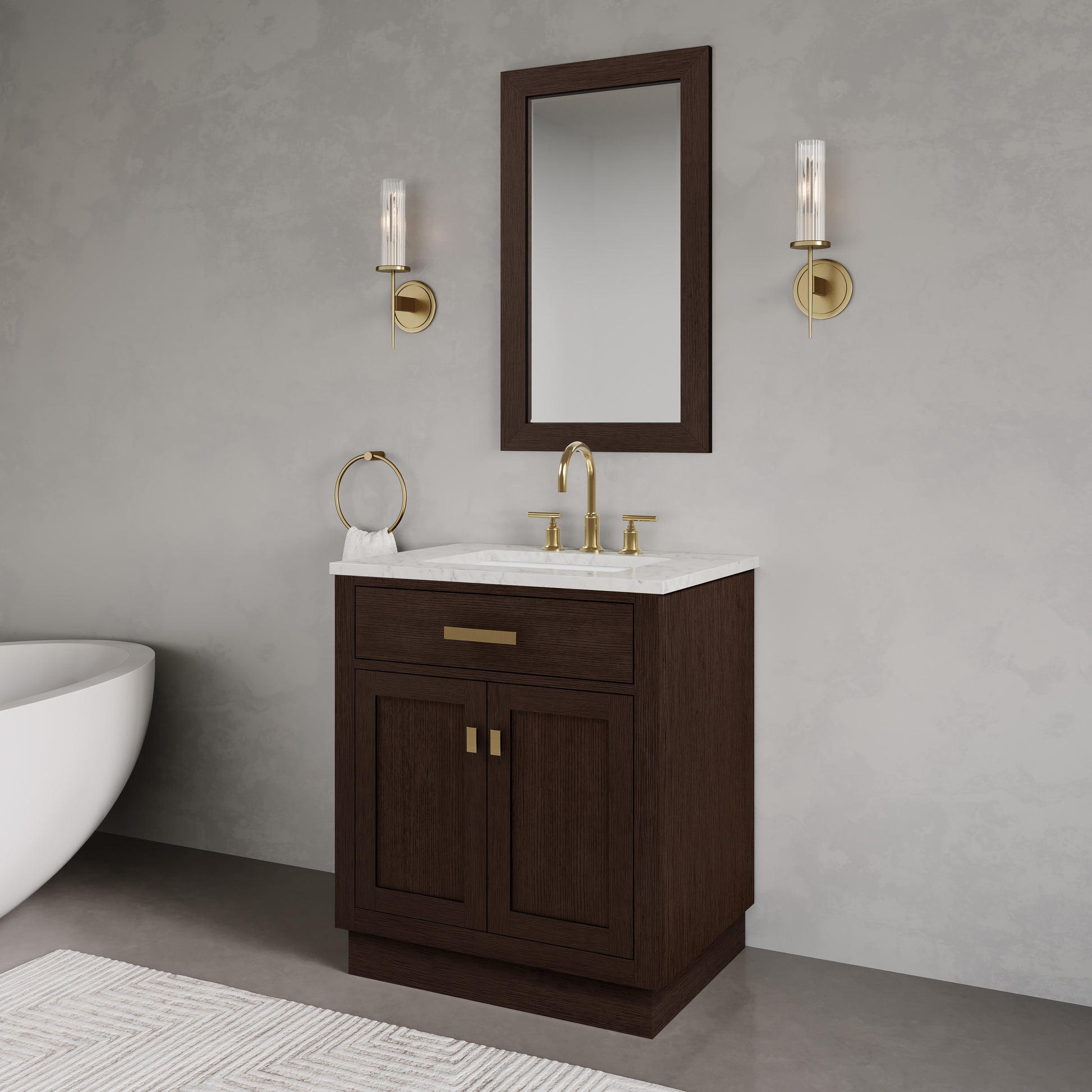 Chestnut 30 in. W x 21.5 in. D Vanity in Brown Oak with Marble Vanity Top in White with White Basin | Water Creation