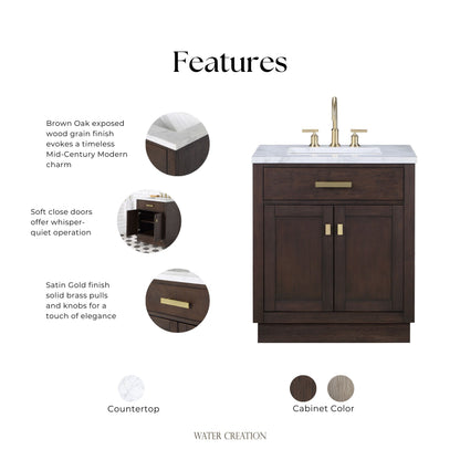 Chestnut 30 in. W x 21.5 in. D Vanity in Brown Oak with Marble Vanity Top in White with White Basin | Water Creation