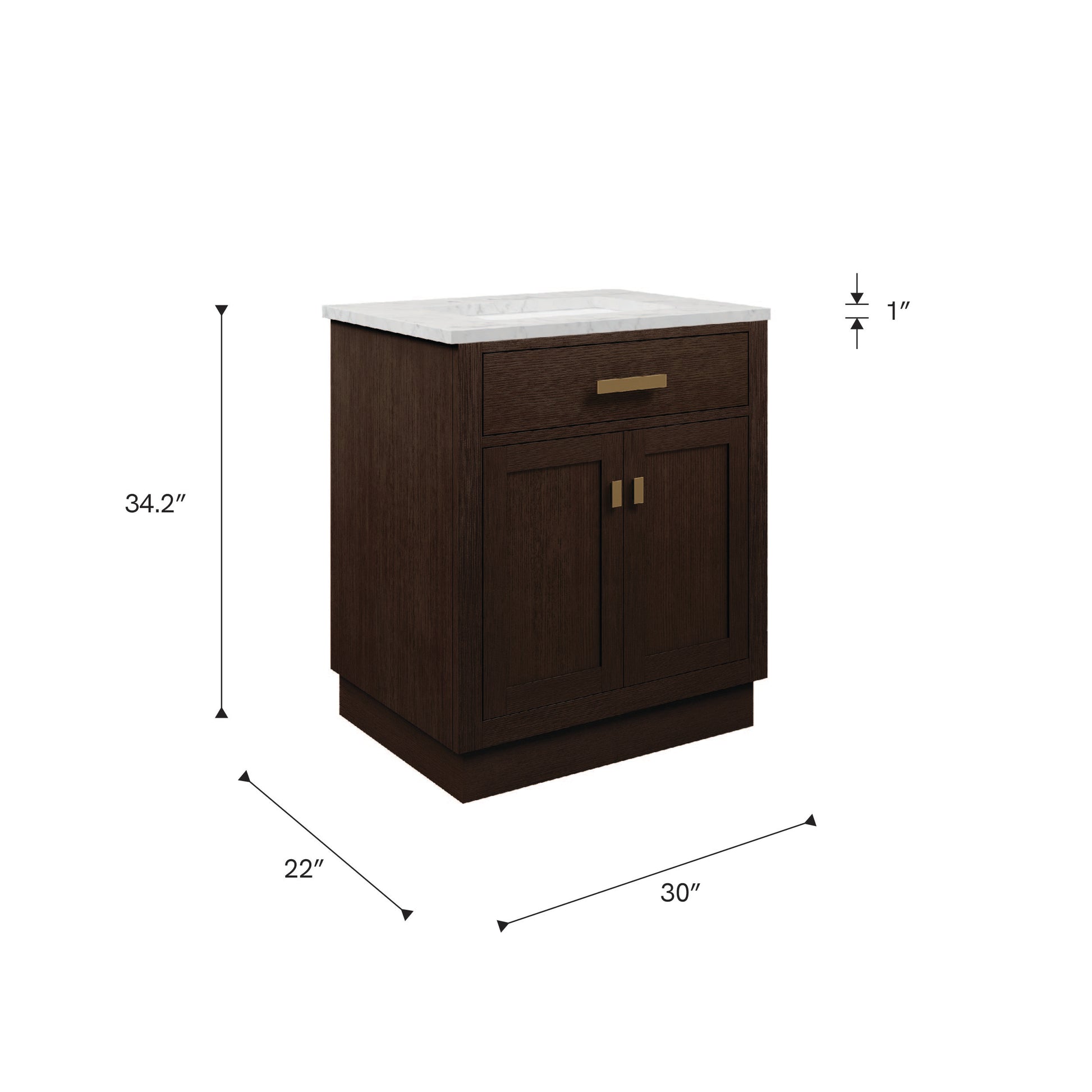 Chestnut 30 in. W x 21.5 in. D Vanity in Brown Oak with Marble Vanity Top in White with White Basin | Water Creation