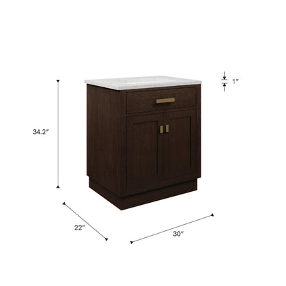 Chestnut 30 in. W x 21.5 in. D Vanity in Brown Oak with Marble Vanity Top in White with White Basin | Water Creation