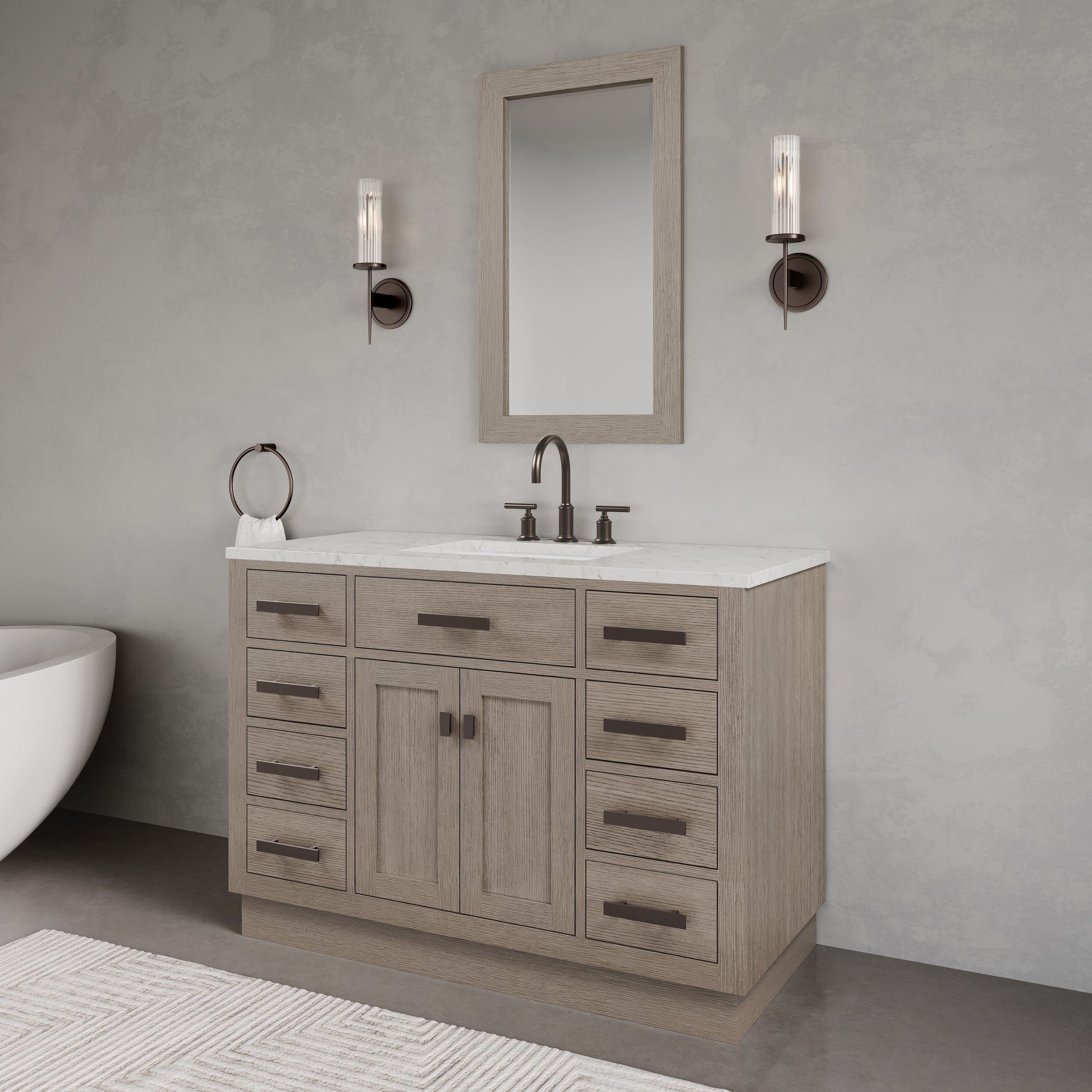 Chestnut 48 in. W x 21.5 in. D Vanity in Grey Oak with Marble Vanity Top in White with White Basin | Water Creation
