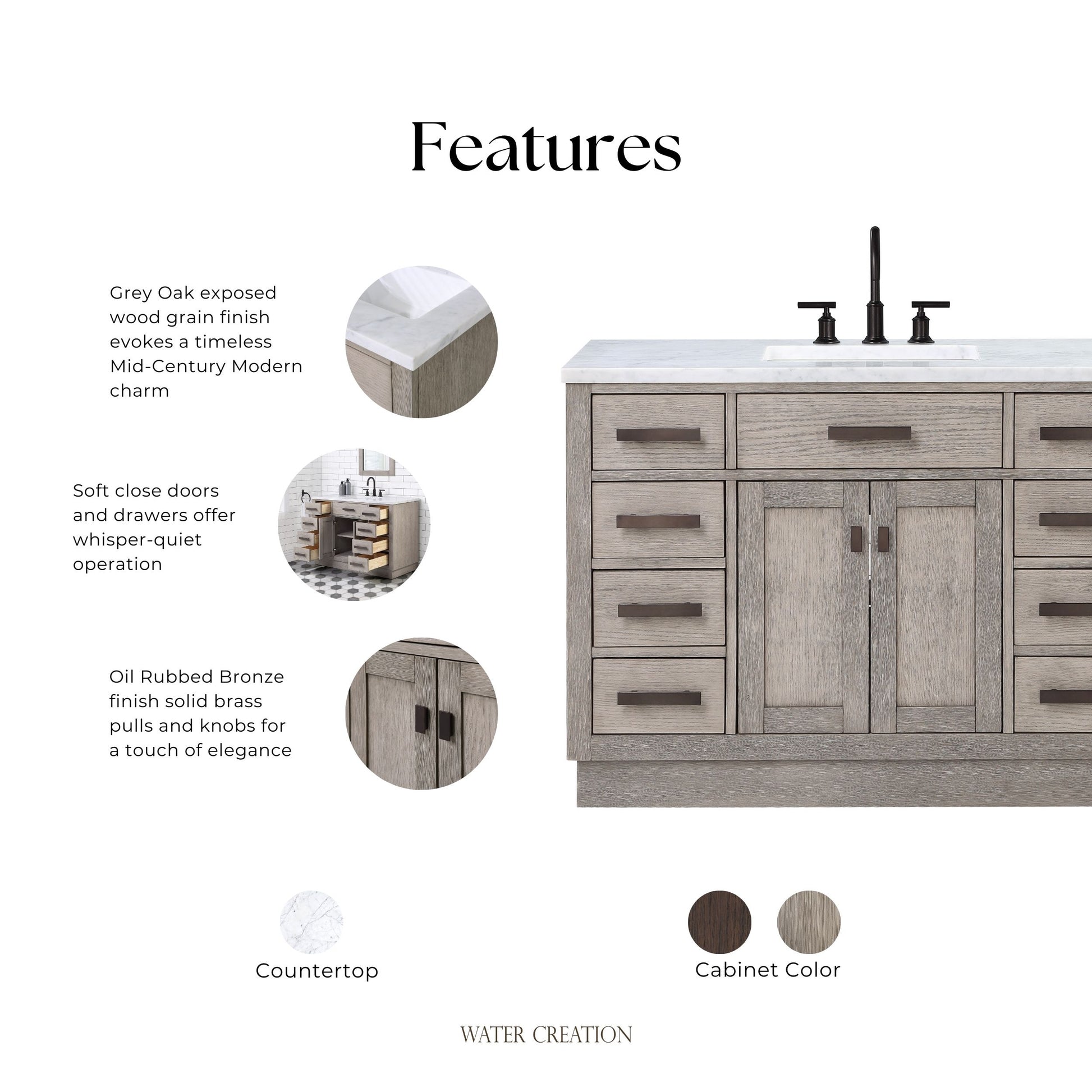 Chestnut 48 in. W x 21.5 in. D Vanity in Grey Oak with Marble Vanity Top in White with White Basin | Water Creation