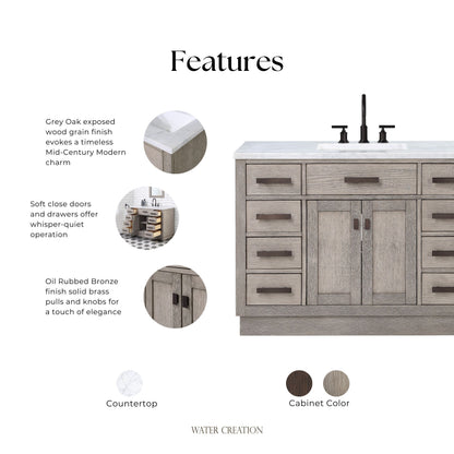 Chestnut 48 in. W x 21.5 in. D Vanity in Grey Oak with Marble Vanity Top in White with White Basin | Water Creation