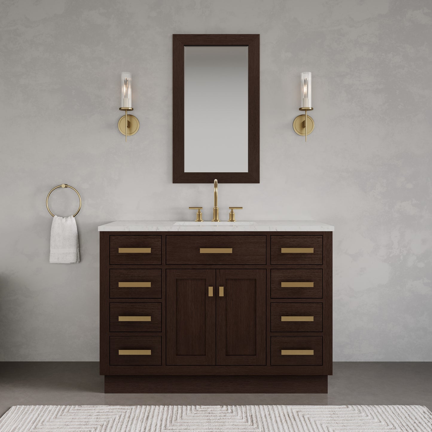 Chestnut 48 in. W x 21.5 in. D Vanity in Brown Oak with Marble Vanity Top in White with White Basin | Water Creation