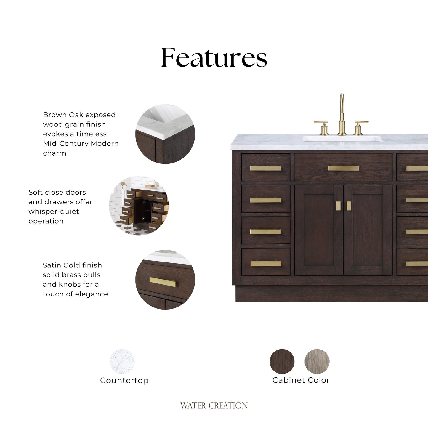 Chestnut 48 in. W x 21.5 in. D Vanity in Brown Oak with Marble Vanity Top in White with White Basin | Water Creation