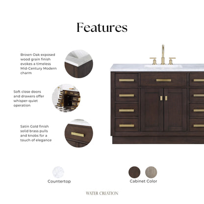 Chestnut 48 in. W x 21.5 in. D Vanity in Brown Oak with Marble Vanity Top in White with White Basin | Water Creation