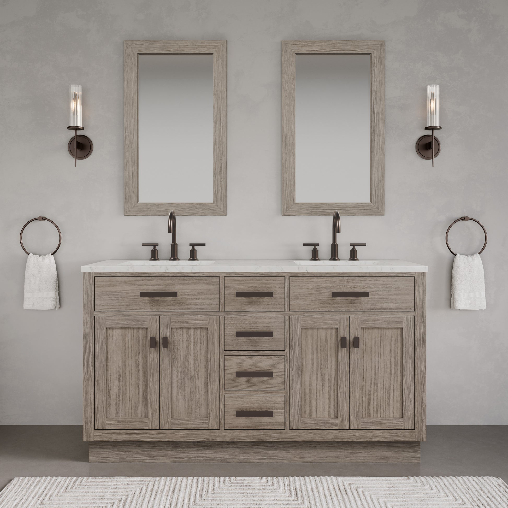 Chestnut 60 in. W x 21.5 in. D Vanity in Grey Oak with Marble Vanity Top in White with White Basin | Water Creation