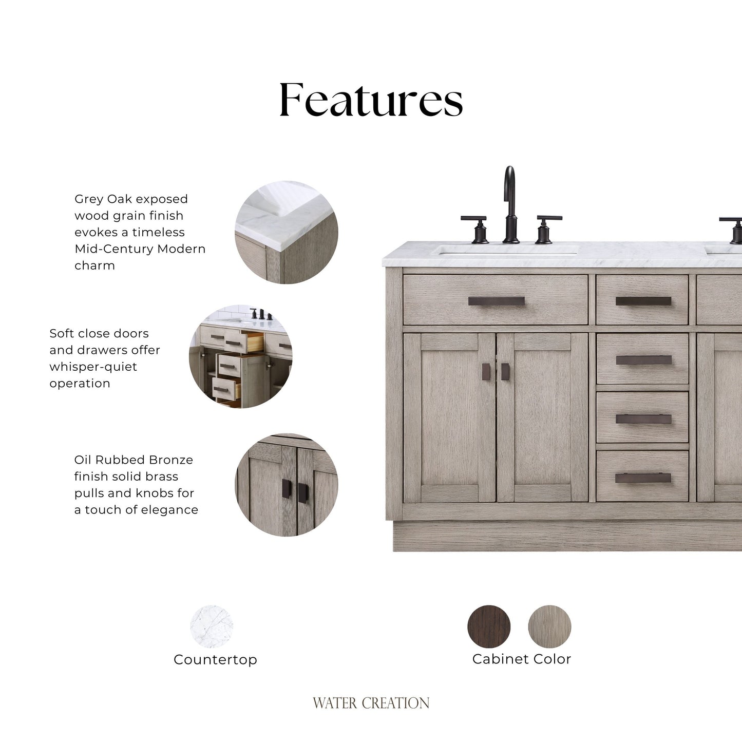 Chestnut 60 in. W x 21.5 in. D Vanity in Grey Oak with Marble Vanity Top in White with White Basin | Water Creation