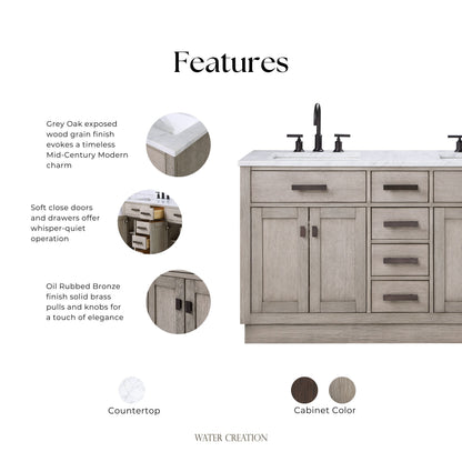 Chestnut 60 in. W x 21.5 in. D Vanity in Grey Oak with Marble Vanity Top in White with White Basin | Water Creation