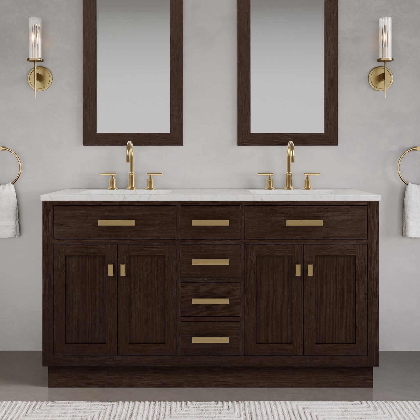Chestnut 60 in. W x 21.5 in. D Vanity in Brown Oak with Marble Vanity Top in White with White Basin | Water Creation