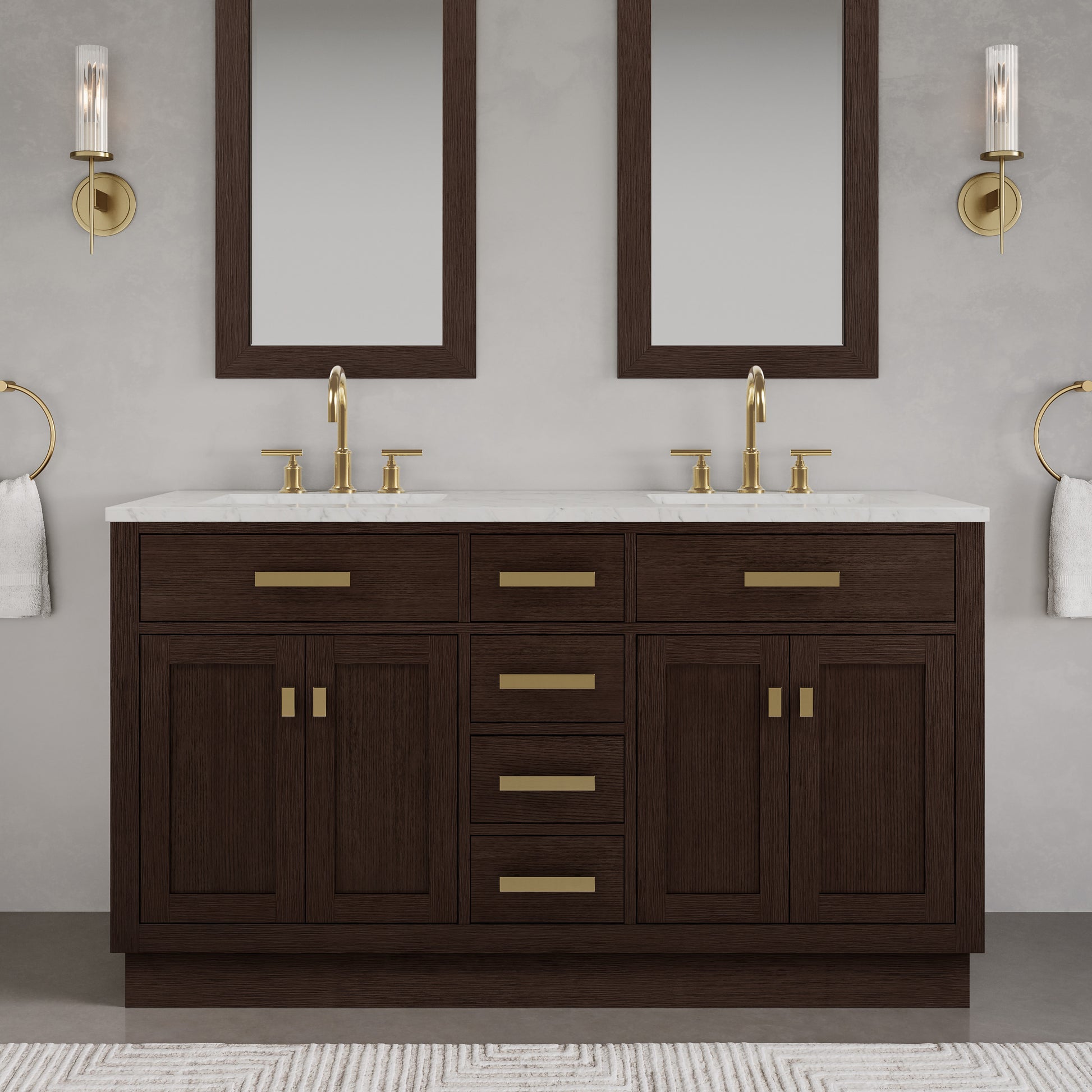 Chestnut 60 in. W x 21.5 in. D Vanity in Brown Oak with Marble Vanity Top in White with White Basin | Water Creation
