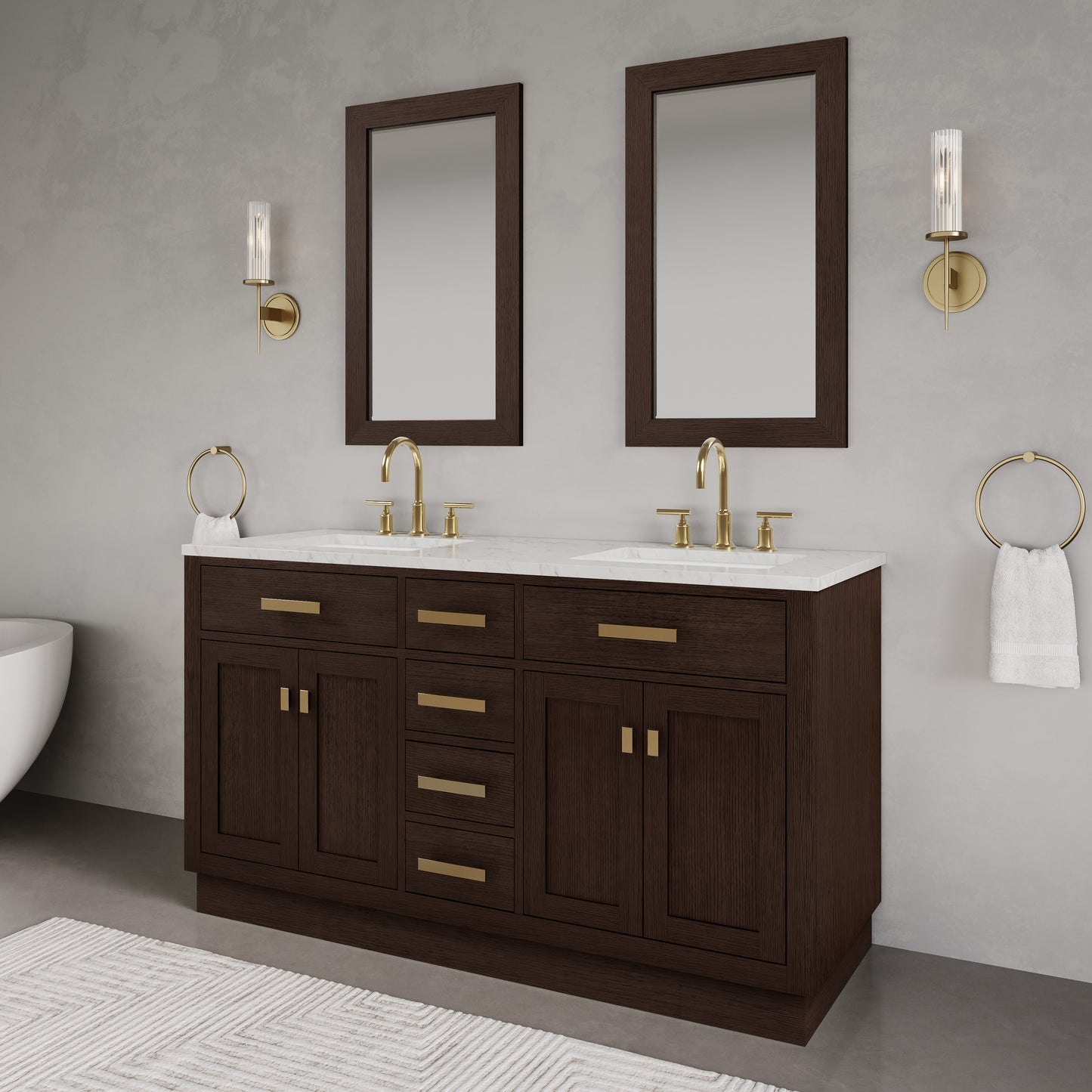 Chestnut 60 in. W x 21.5 in. D Vanity in Brown Oak with Marble Vanity Top in White with White Basin | Water Creation