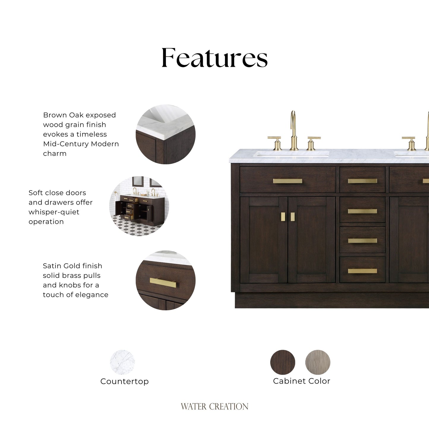 Chestnut 60 in. W x 21.5 in. D Vanity in Brown Oak with Marble Vanity Top in White with White Basin | Water Creation