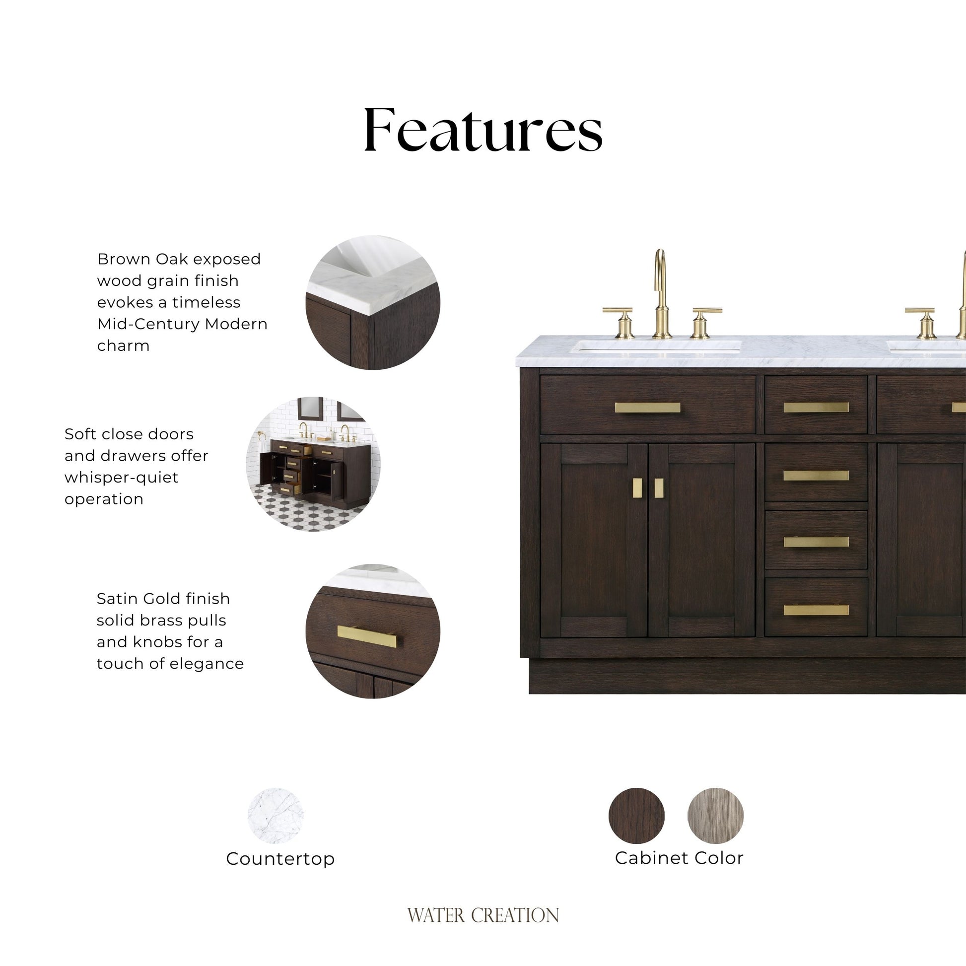 Chestnut 60 in. W x 21.5 in. D Vanity in Brown Oak with Marble Vanity Top in White with White Basin | Water Creation