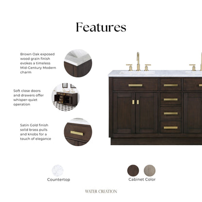 Chestnut 60 in. W x 21.5 in. D Vanity in Brown Oak with Marble Vanity Top in White with White Basin | Water Creation