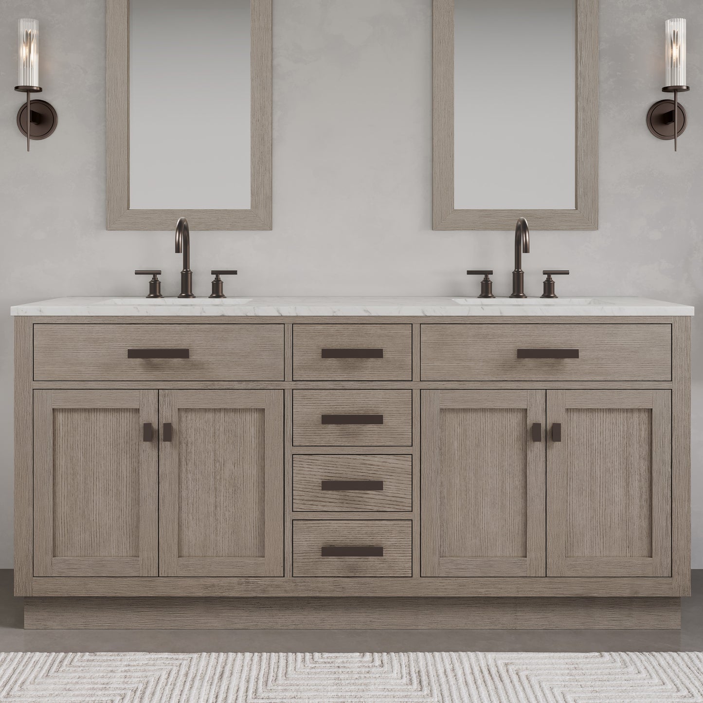 Chestnut 72 in. x 34.2 in. H Double Sink Vanity in Grey Oak with Marble Vanity Top in Carrara White | Water Creation