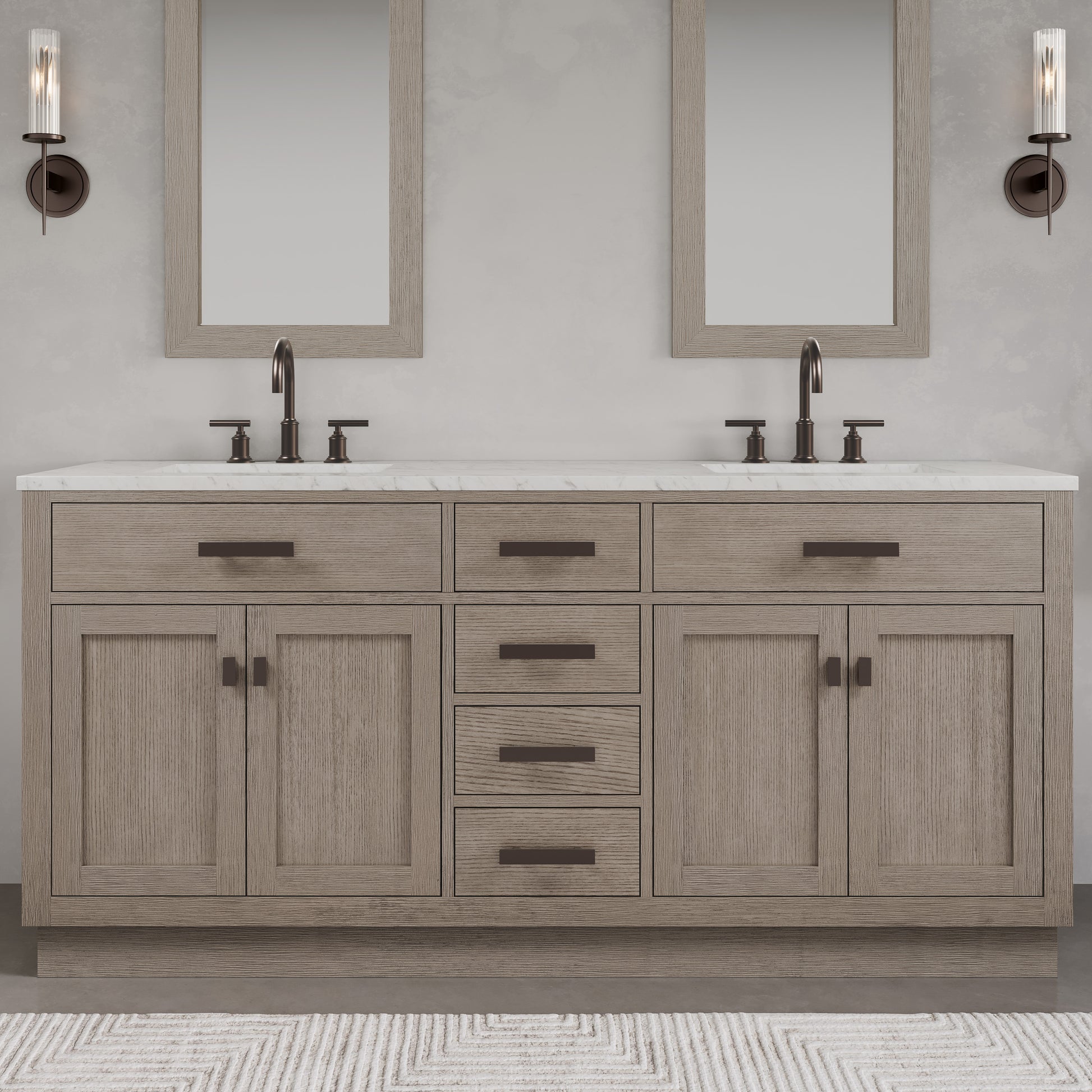 Chestnut 72 in. x 34.2 in. H Double Sink Vanity in Grey Oak with Marble Vanity Top in Carrara White | Water Creation