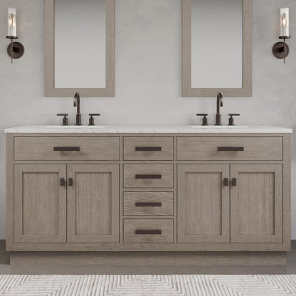 Chestnut 72 in. x 34.2 in. H Double Sink Vanity in Grey Oak with Marble Vanity Top in Carrara White | Water Creation