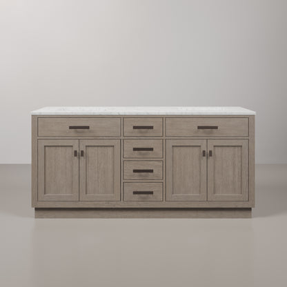 Chestnut 72 in. x 34.2 in. H Double Sink Vanity in Grey Oak with Marble Vanity Top in Carrara White | Water Creation