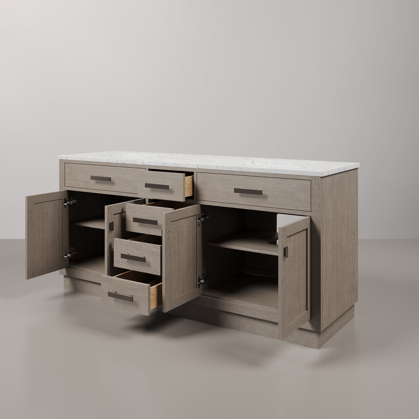 Chestnut 72 in. x 34.2 in. H Double Sink Vanity in Grey Oak with Marble Vanity Top in Carrara White | Water Creation