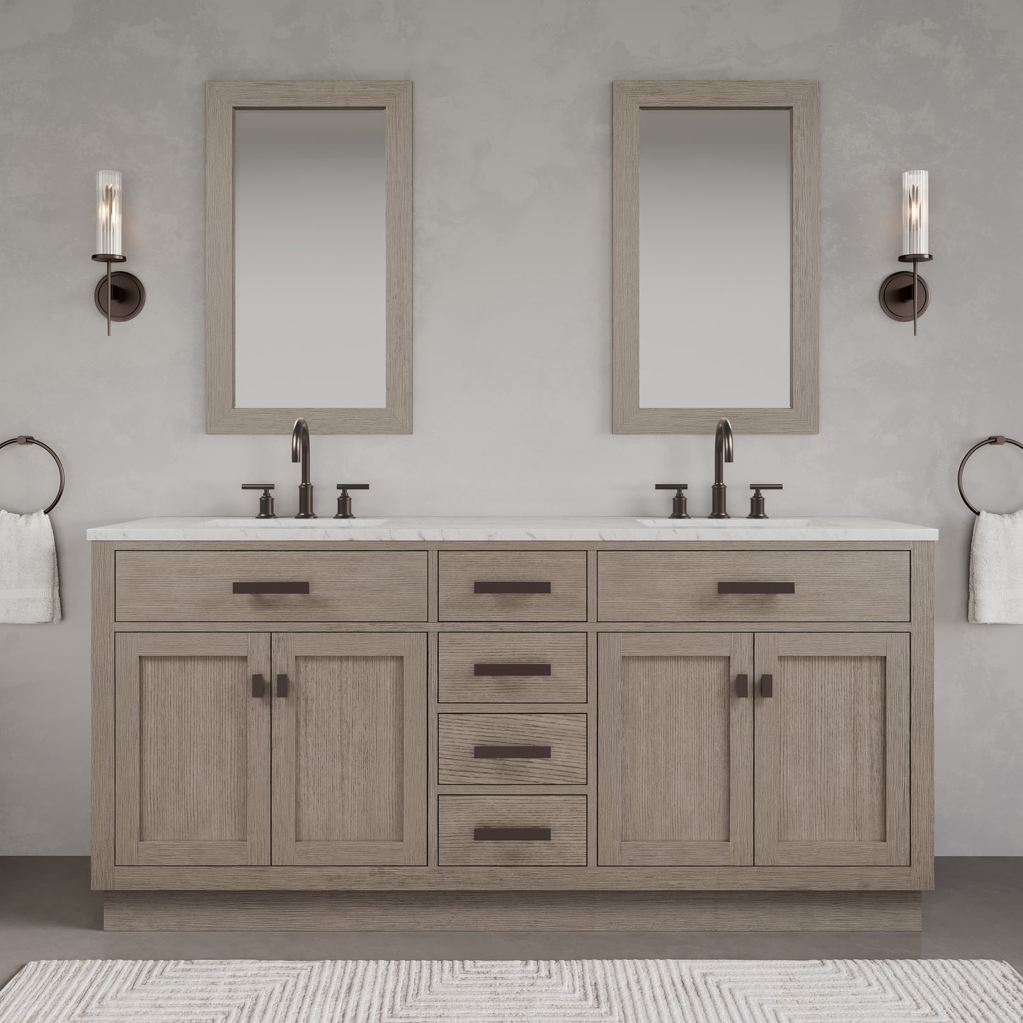 Chestnut 72 in. x 34.2 in. H Double Sink Vanity in Grey Oak with Marble Vanity Top in Carrara White | Water Creation