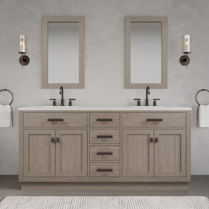 Chestnut 72 in. x 34.2 in. H Double Sink Vanity in Grey Oak with Marble Vanity Top in Carrara White | Water Creation
