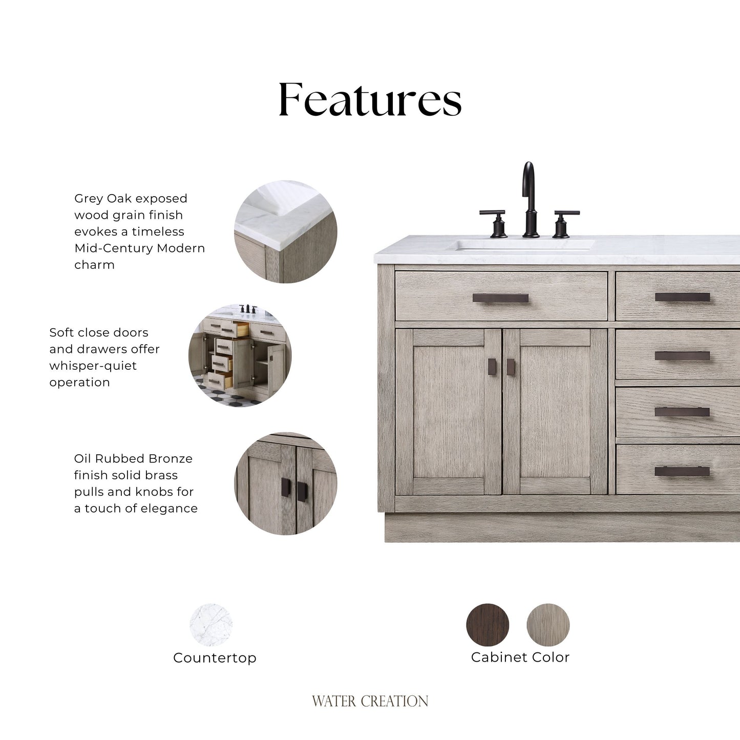 Chestnut 72 in. x 34.2 in. H Double Sink Vanity in Grey Oak with Marble Vanity Top in Carrara White | Water Creation