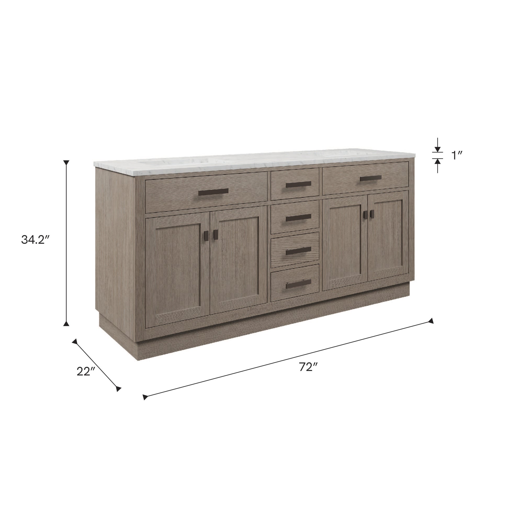 Chestnut 72 in. x 34.2 in. H Double Sink Vanity in Grey Oak with Marble Vanity Top in Carrara White | Water Creation