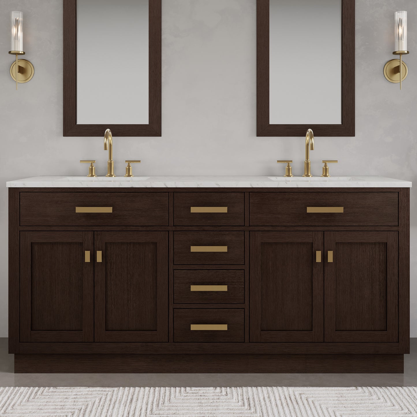 Chestnut 72 in. W x 21.5 in. D Vanity in Brown Oak with Marble Vanity Top in White with White Basin | Water Creation