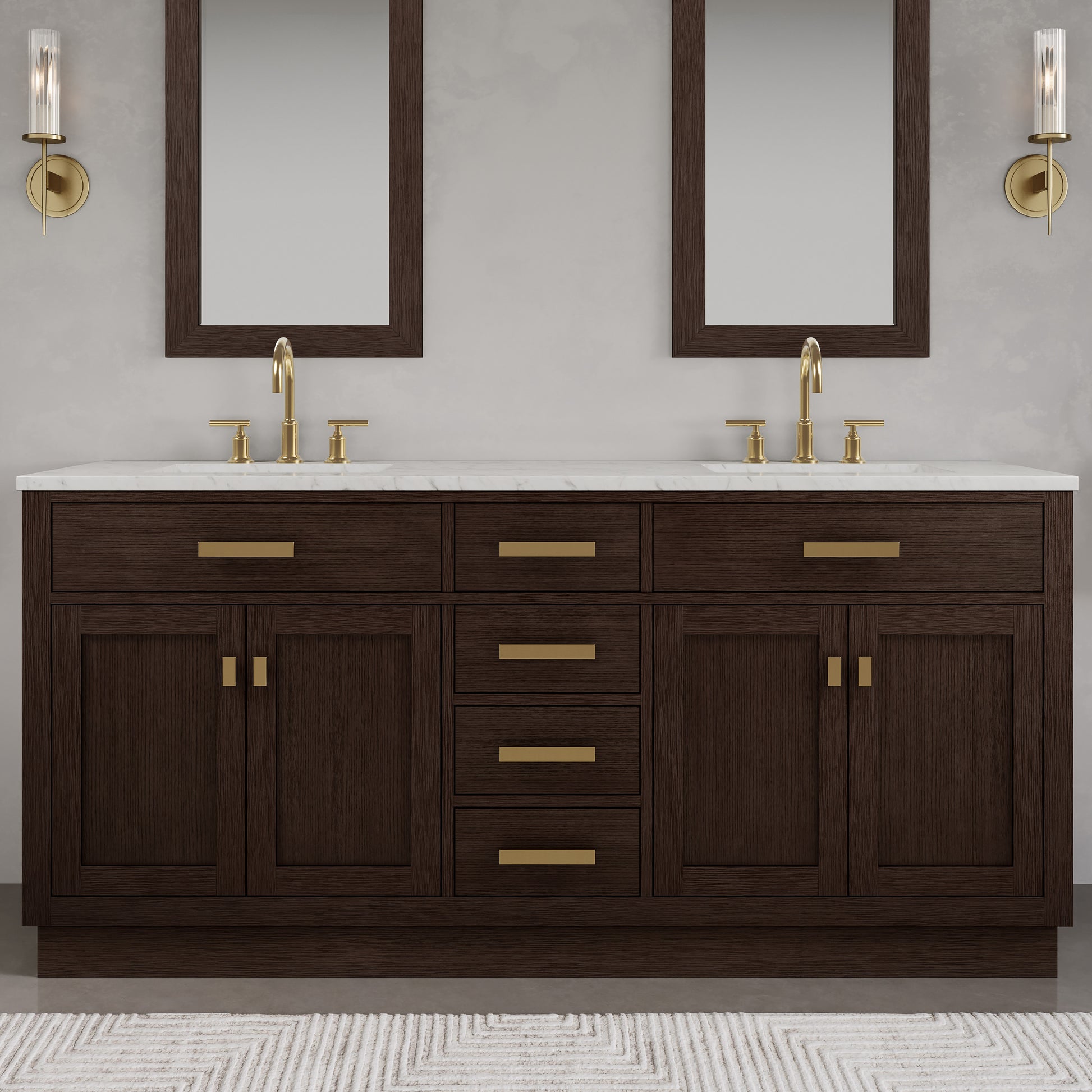 Chestnut 72 in. W x 21.5 in. D Vanity in Brown Oak with Marble Vanity Top in White with White Basin | Water Creation