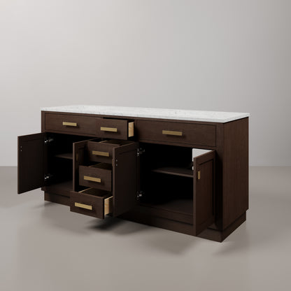 Chestnut 72 in. W x 21.5 in. D Vanity in Brown Oak with Marble Vanity Top in White with White Basin | Water Creation