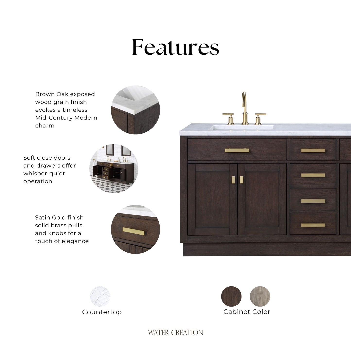 Chestnut 72 in. W x 21.5 in. D Vanity in Brown Oak with Marble Vanity Top in White with White Basin | Water Creation