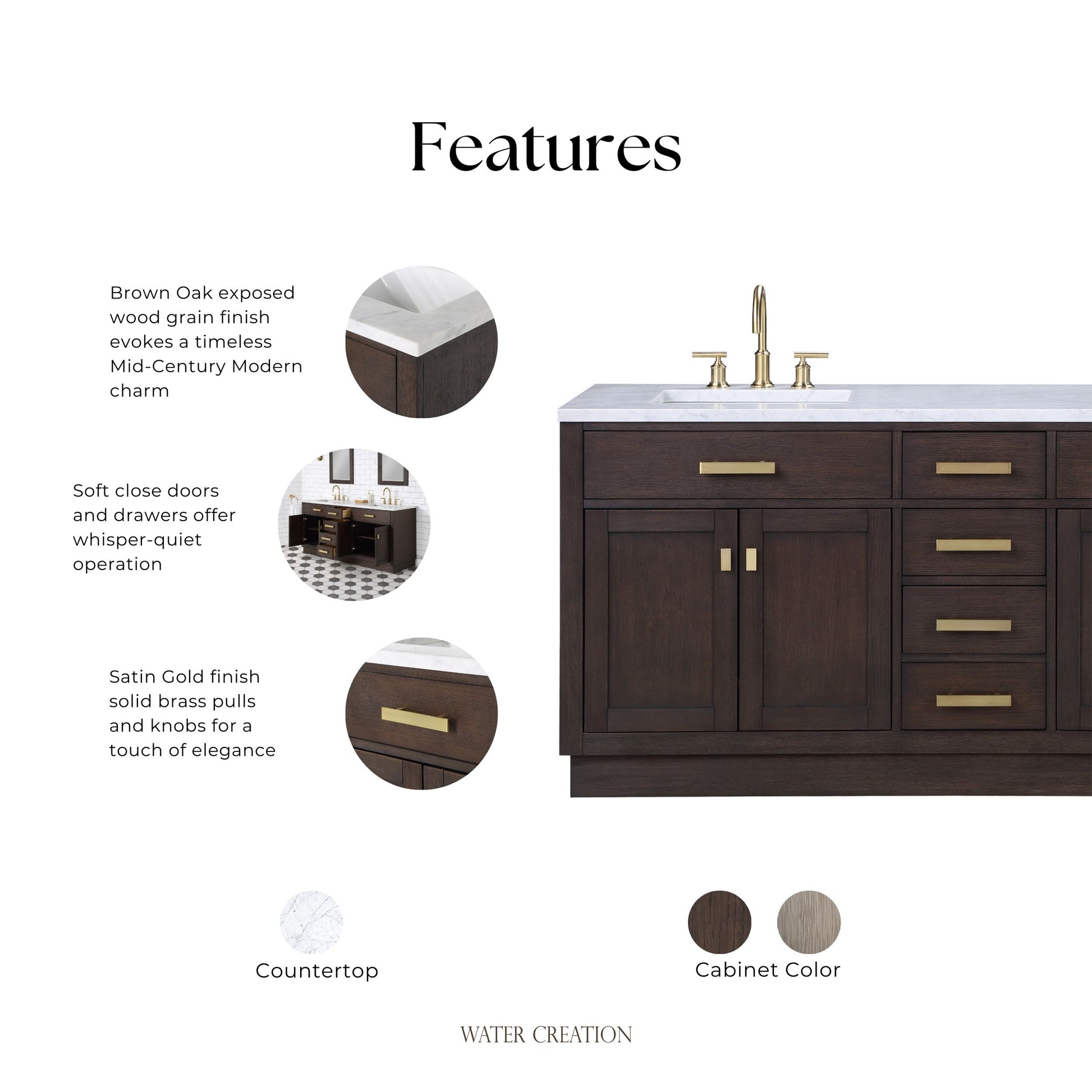 Chestnut 72 in. W x 21.5 in. D Vanity in Brown Oak with Marble Vanity Top in White with White Basin | Water Creation