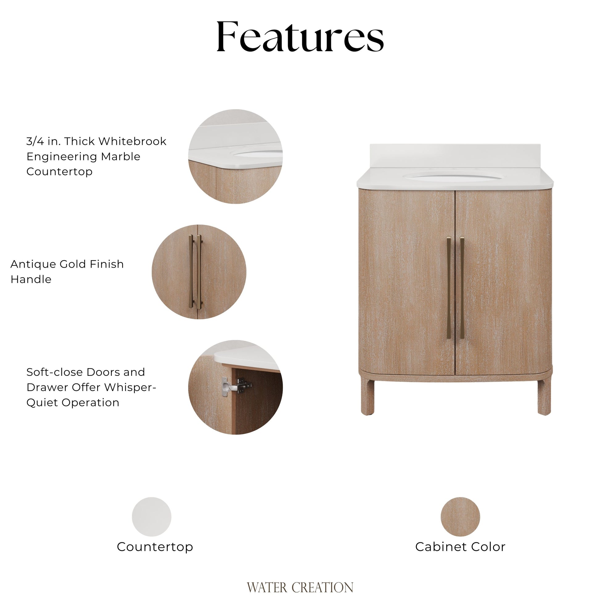 Cirilla 30 in. Single Sink Freestanding Toffee Latte Bath Vanity with Whitebrook Engineered Marble Top Assembled | Water Creation