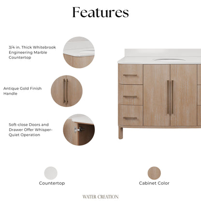 Cirilla 48 in. Single Sink Freestanding Toffee Latte Bath Vanity with Whitebrook Engineered Marble Top Assembled | Water Creation