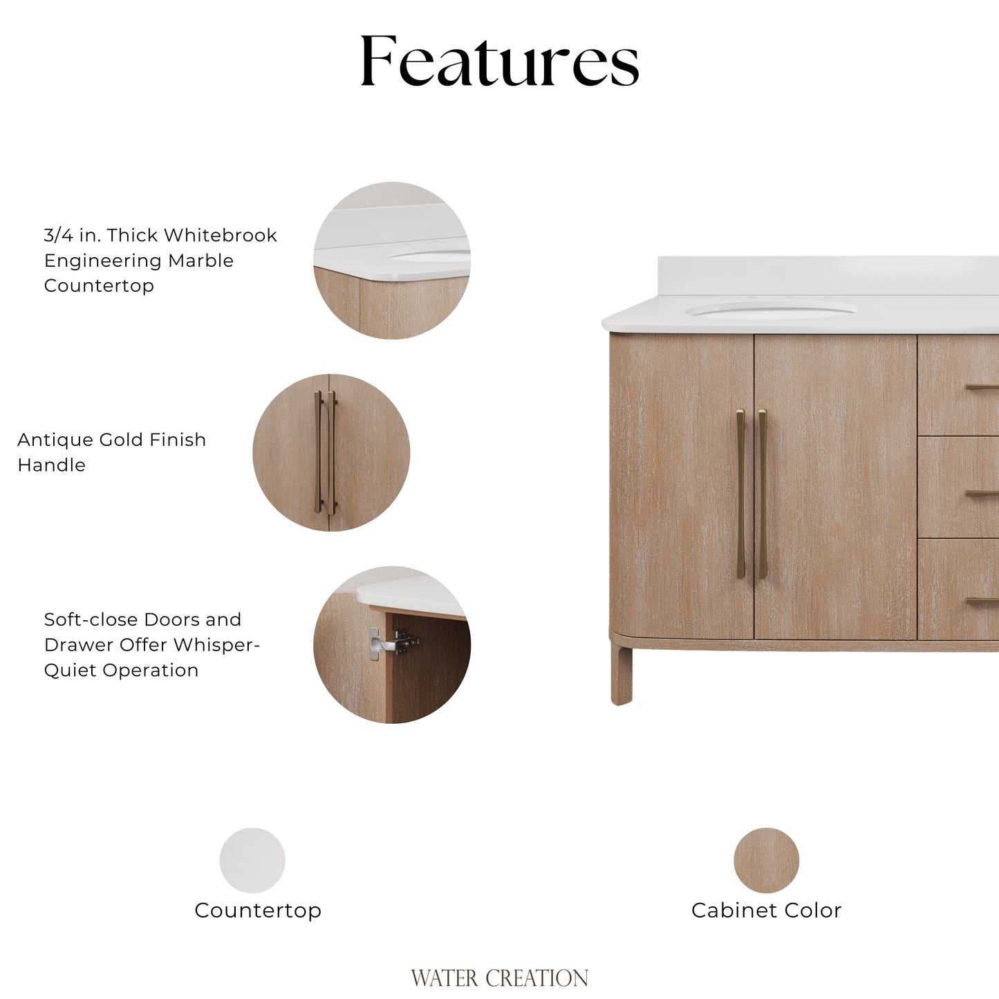 Cirilla 72 in. Double Sinks Freestanding Toffee Latte Bath Vanity with Whitebrook Engineered Marble Top Assembled | Water Creation