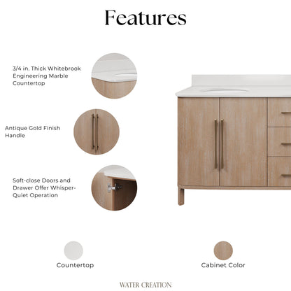 Cirilla 72 in. Double Sinks Freestanding Toffee Latte Bath Vanity with Whitebrook Engineered Marble Top Assembled | Water Creation