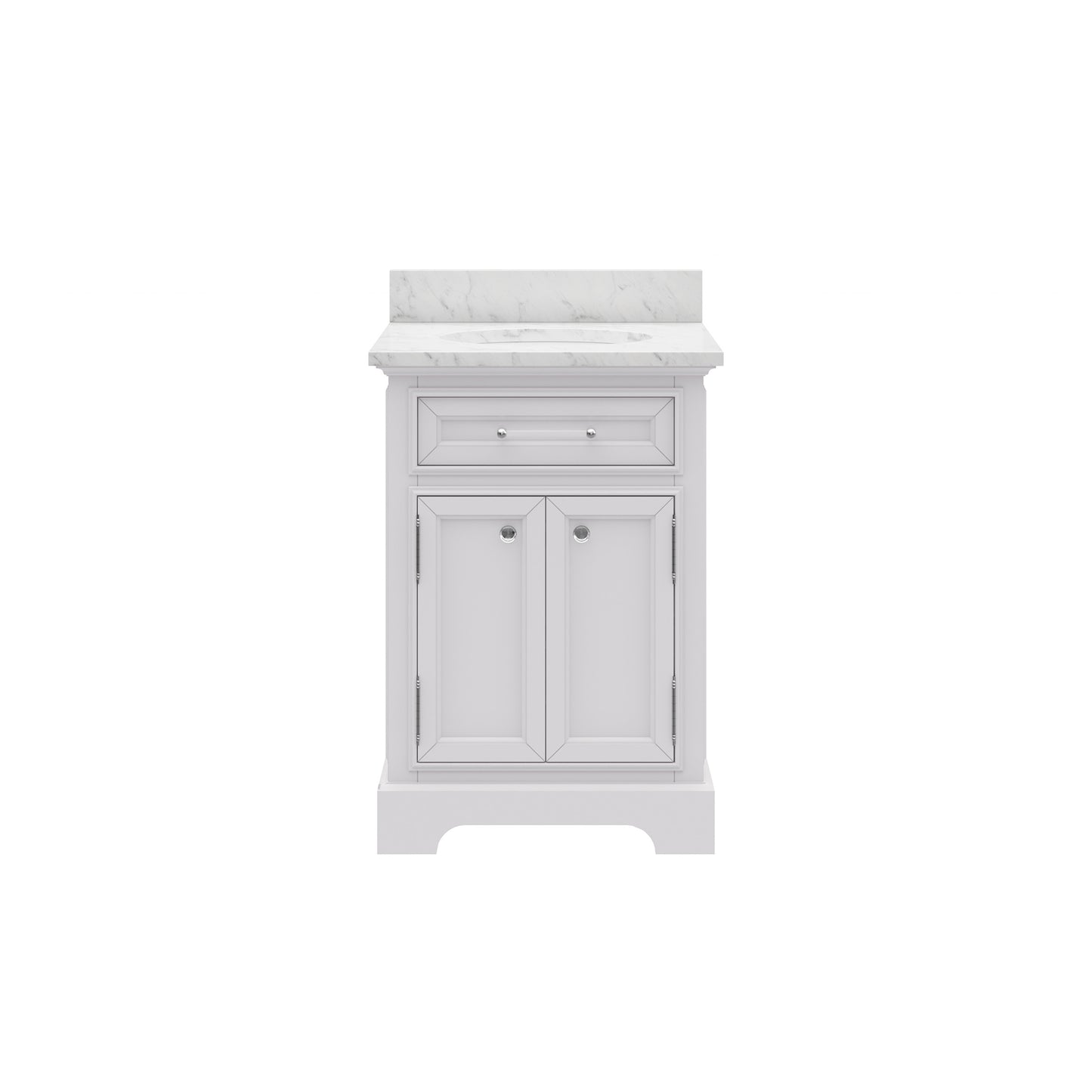 Derby 24 in. x 34 in. H Bath Vanity in White with Marble Vanity Top in Carrara White with White Basin | Water Creation