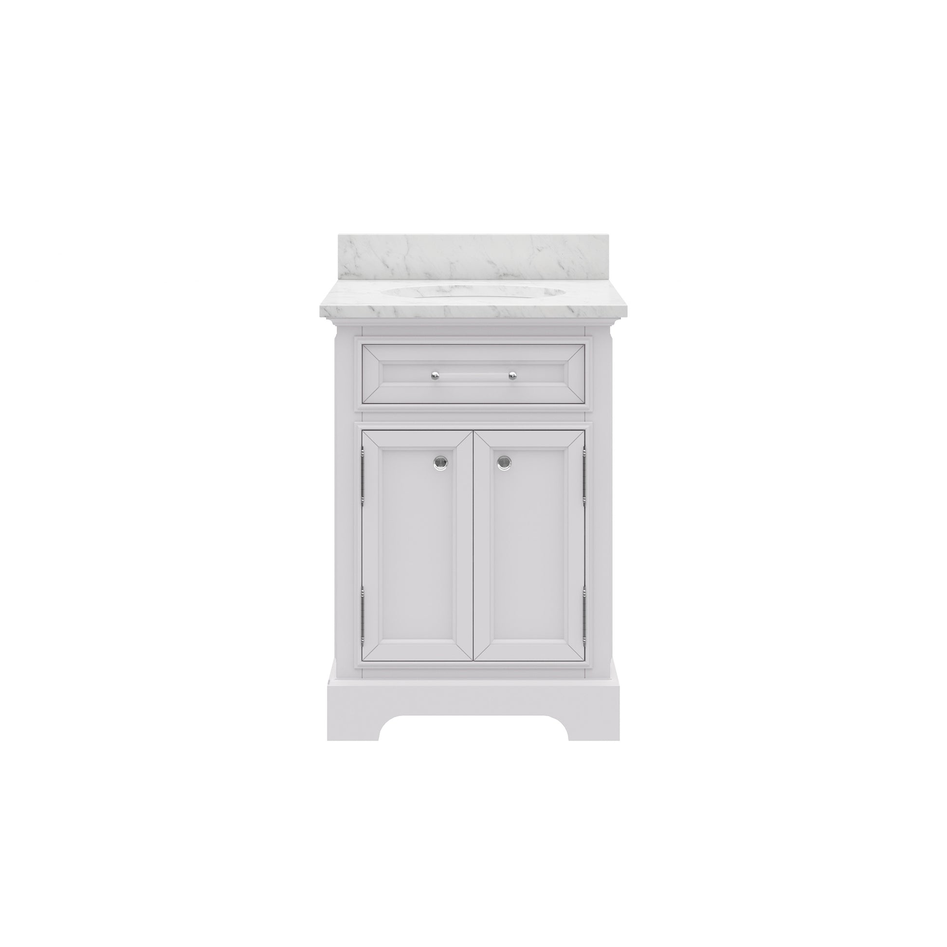 Derby 24 in. x 34 in. H Bath Vanity in White with Marble Vanity Top in Carrara White with White Basin | Water Creation