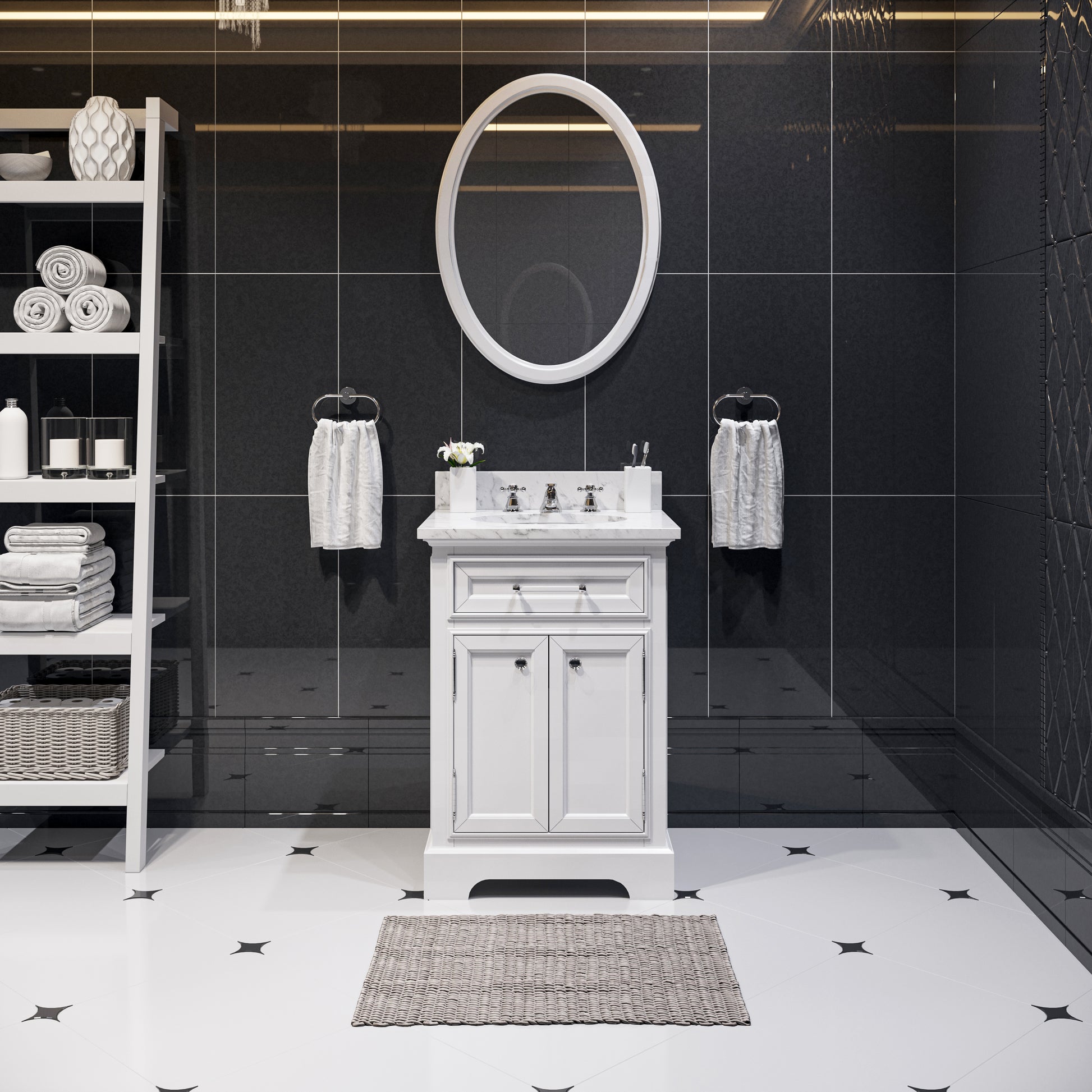Derby 24 in. x 34 in. H Bath Vanity in White with Marble Vanity Top in Carrara White with White Basin | Water Creation