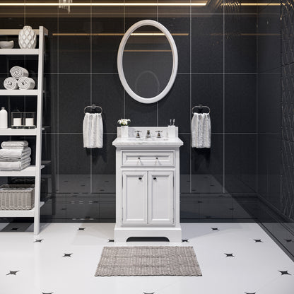 Derby 24 in. x 34 in. H Bath Vanity in White with Marble Vanity Top in Carrara White with White Basin | Water Creation